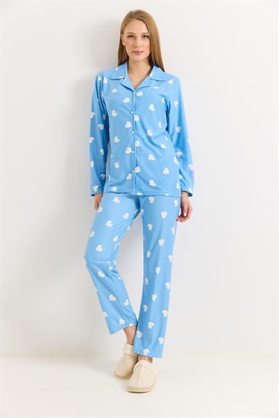 Kadın Mavi Pamuklu Polo Yaka  Beyaz Kalpli Pijama Takımı
