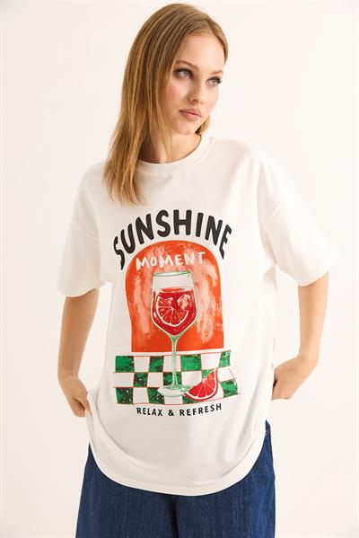 Baskılı Rahat Kalıp Tshirt Beyaz