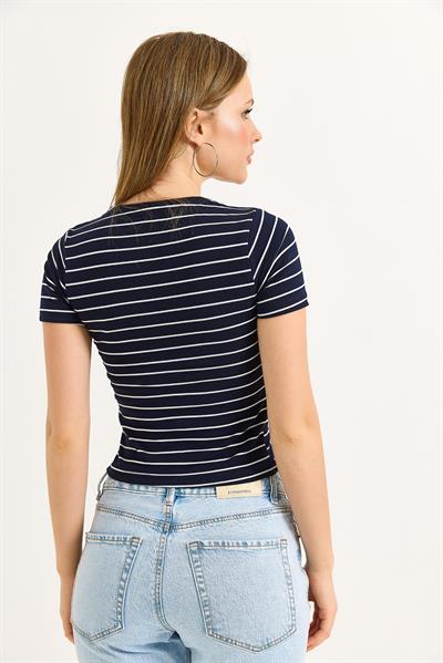 Kare Yaka Likralı Pamuk Bluz Lacivert