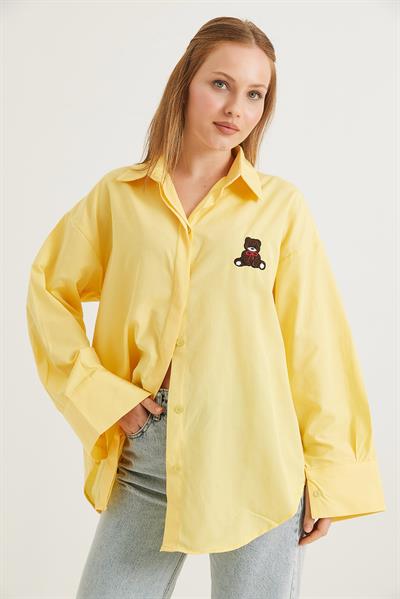 Ayıcık Nakışlı Oversize Basic Gömlek Sarı