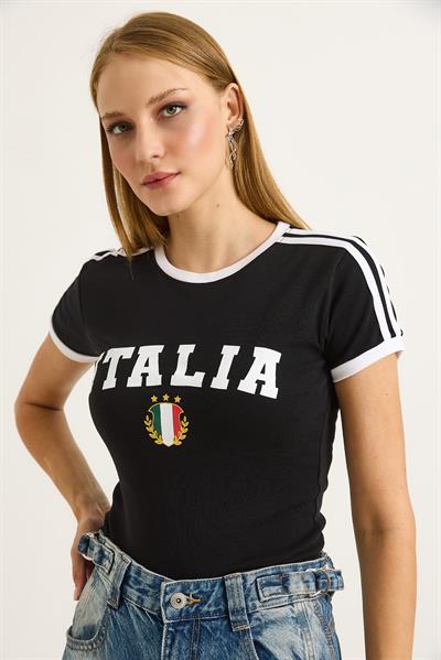 Bisiklet Yaka Baskılı Crop Tshirt Siyah