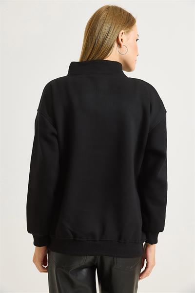 Kadın Yaka Fermuarlı 2 İplik Sweatshirt Siyah