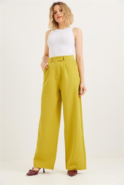 Kancalı Yüksek Bel Salaş Palazzo Pantolon Yağ Yeşili