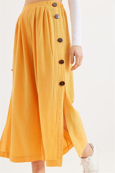 Yanları  Düğmeli  Bol Kesim Keten Pantolon  Hardal