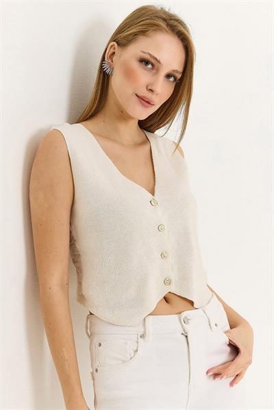 Kadın Arkası Dantel Detaylı Ekru Yelek 