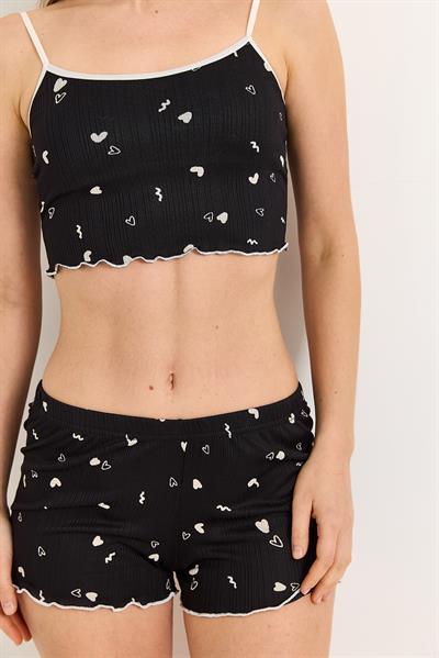 Croplu Kalp Baskılı Rahat Pijama Takımı Sİyah