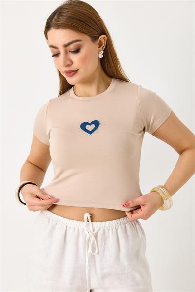 Kadın Kalp Nakış ve Taş Detaylı Crop Bluz Bej