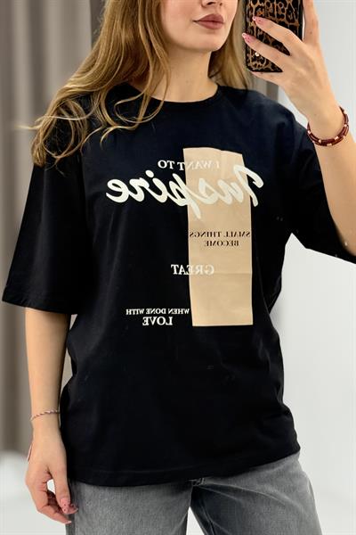 Kadın Yazı Baskılı Bisiklet Yaka Tshirt Siyah