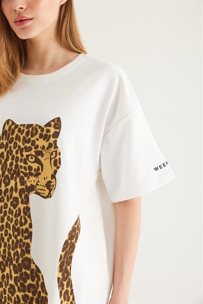 Baskılı Oversize Kısa Kol Tshirt Beyaz