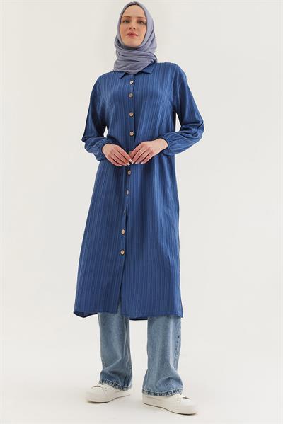 Keten Düğmeli Uzun Tesettür Tunik Mavi