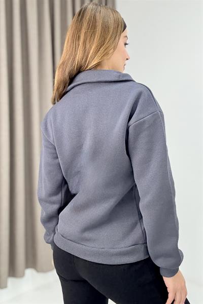 Kadın Antrasit Yarım Fermuarlı Üç İplik Sweat 