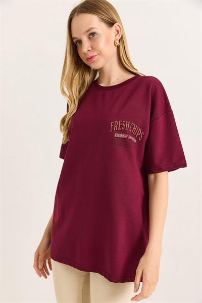 Rahat Kesim Baskılı Kadın Tshirt Bordo