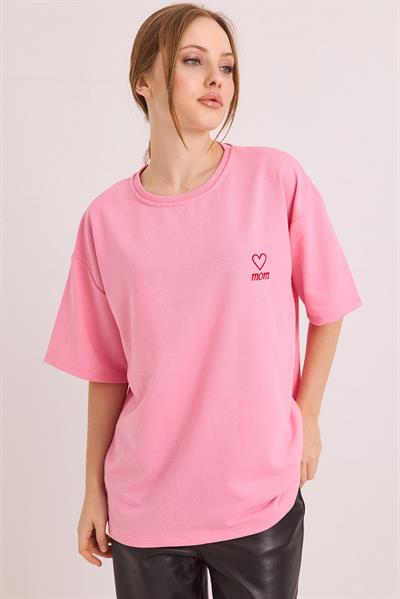 Mom Nakışlı Oversize İki İplik Tshirt Pembe