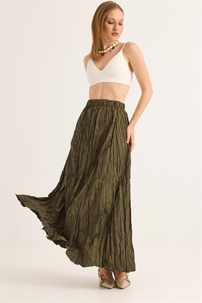 Kırışık Model Beli Lastikli Kadın Etek Haki
