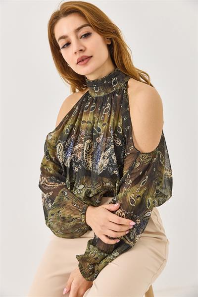 Halter Yaka Full Transparan Omuz Dekolteli  Bluz Yeşil