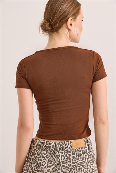 Kare Yaka Esnek Pamuk Örme Bluz Kahve