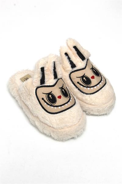 Figürlü Peluş Ev Terliği Krem