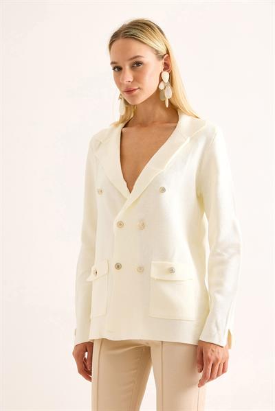Blazer Triko Şık Düğmeli Ceket Beyaz