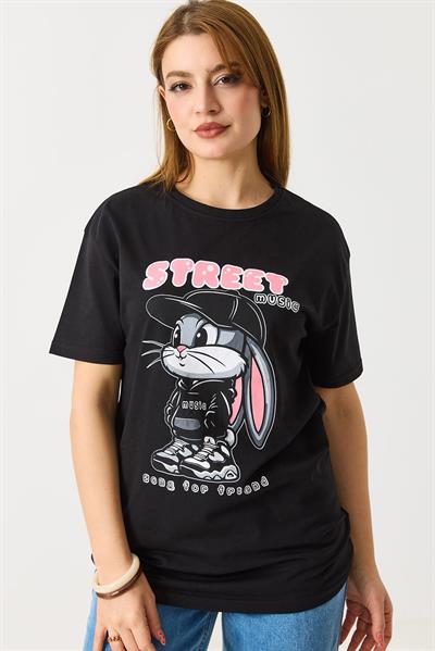 Kadın Baskılı Bisiklet Yaka Kısa Kol Tshirt Siyah