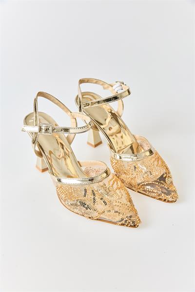 Kadın Tül Pul ve Boncuk İşlemeli Stiletto Gold