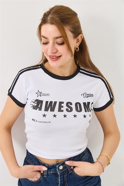 Bisiklet Yaka Baskılı Crop Tshirt Beyaz