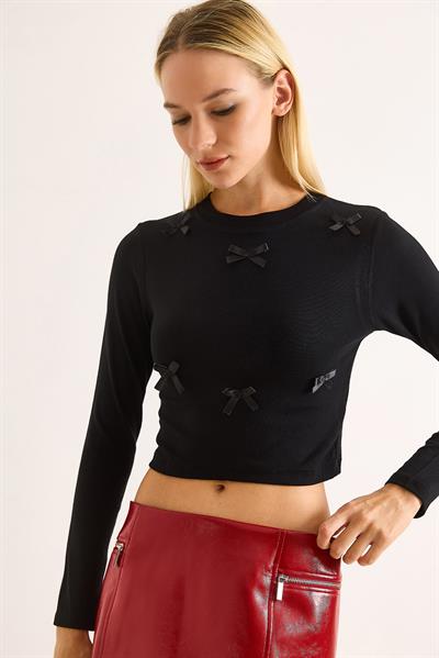 Kadın Kurdeleli Uzun Kollu Crop Bluz Siyah