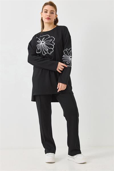 Kadın Bisiklet Yaka Nakışlı Oversize Eşofman Takım Siyah