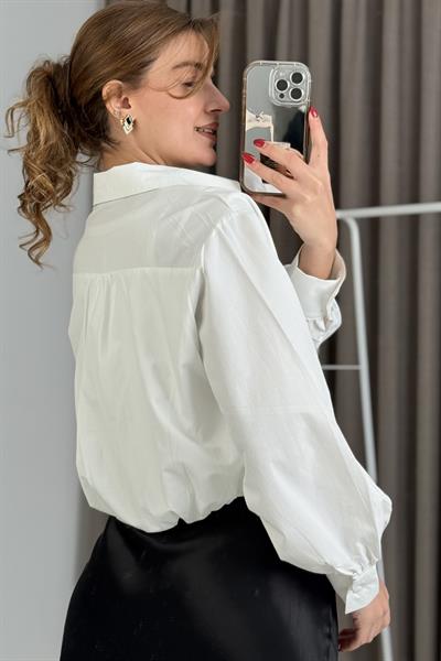 Kadın Balon Model Crop Şık Gömlek Beyaz