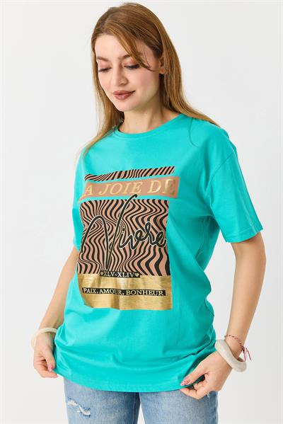 Kadın Parlak Yazılı Baskılı Tshirt Yeşil