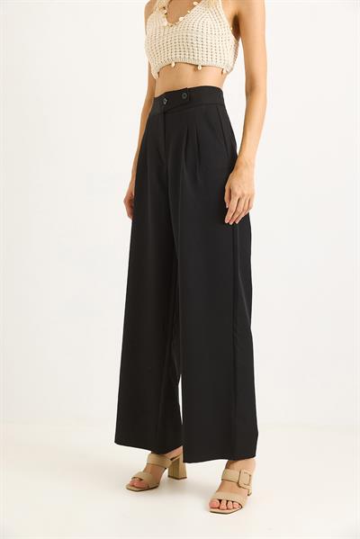 İki Düğmeli Şık Kumaş Geniş Paça  Pantalon  Siyah