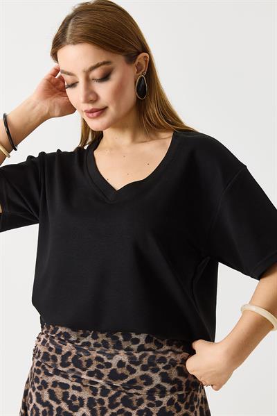 Kadın V Yaka Modal Kısa Kollu Tshirt  Siyah