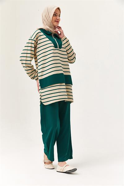 Fermuarlı Çizgili Gömlek Yaka Takım Yeşil