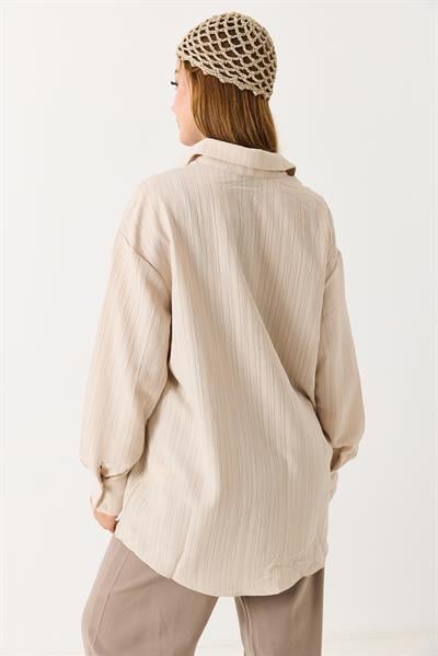 Kadın Oversize Müslin Kumaş Basic Gömlek Taş