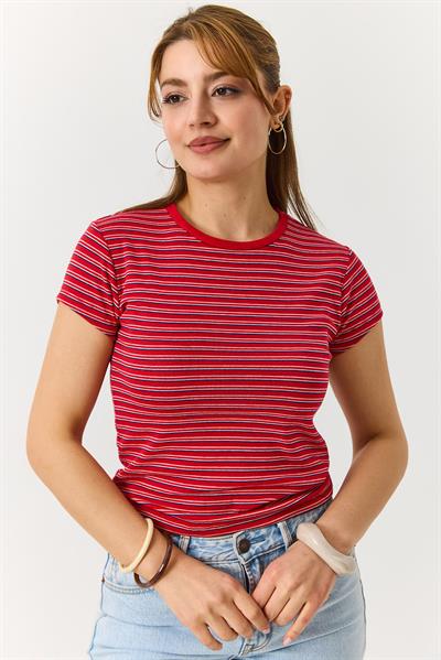 Kadın  Çizgili Bisiklet Yaka Tshirt Kırmızı