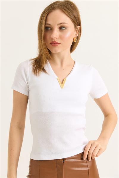 Yaka V Detay Kısa Kol Kaşkorse Bluz Beyaz