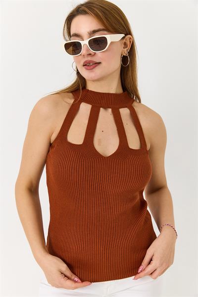 Kadın Esnek Triko Kahverengi Modern Kesim Detaylı Bluz 