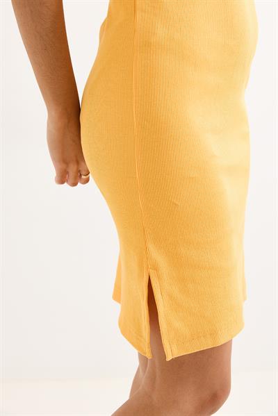 Sıfır Kol Kaşkorse Yırtmaçlı Midi Elbise Sarı