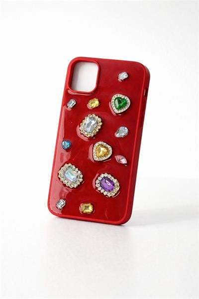 İphone 14 Uyumlu Renkli Kristal Taşlı Kılıf Kırmızı