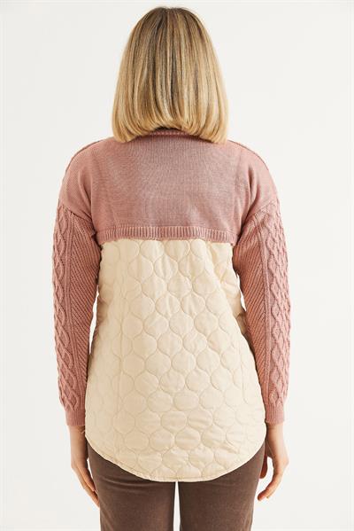 Kapitoneli Baklava Örgülü Triko Kazak Pudra