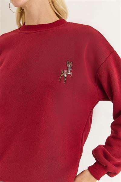 Kadın Geyik Nakışlı Üç İplik Şardonlu Sweatsirt Bordo
