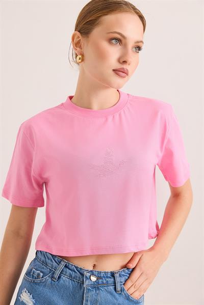 Karikatür Kuş Kabartma Baskılı Örme Crop Tshirt Pembe