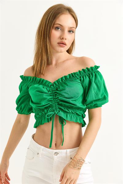 Madonna Yaka Büzgülü Crop Bluz Yeşil
