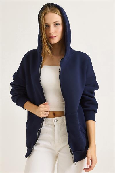 Kadın Oversize Kapüşonlu Fermuarlı Hırka Lacivert