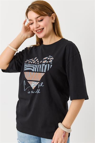 Kadın Kalp Baskılı Bisiklet Yaka Tshirt Siyah