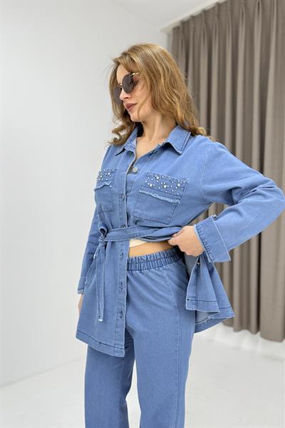 Kuşaklı Cepleri Taş Detaylı Pantolon Tunik Jean Takım