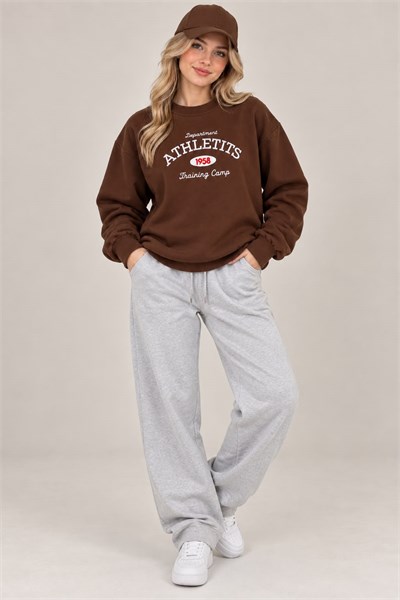 Kadın Yazı Nakışlı Bisiklet Yaka Şardonlu Sweatshirt Kahverengi