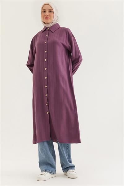 Keten Düğmeli Uzun Tesettür Tunik Mürdüm