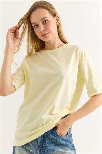 Oversize Bisiklet Yaka Basic Tshirt Sarı