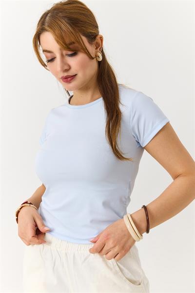 Kadın Basic Bisiklet Yaka Düz Tshirt Mavi