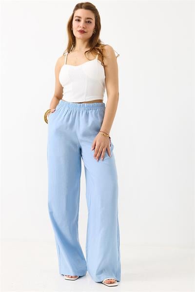 Kadın Bol Kesim Tensel Kumaş Beli Lastikli Açık Mavi